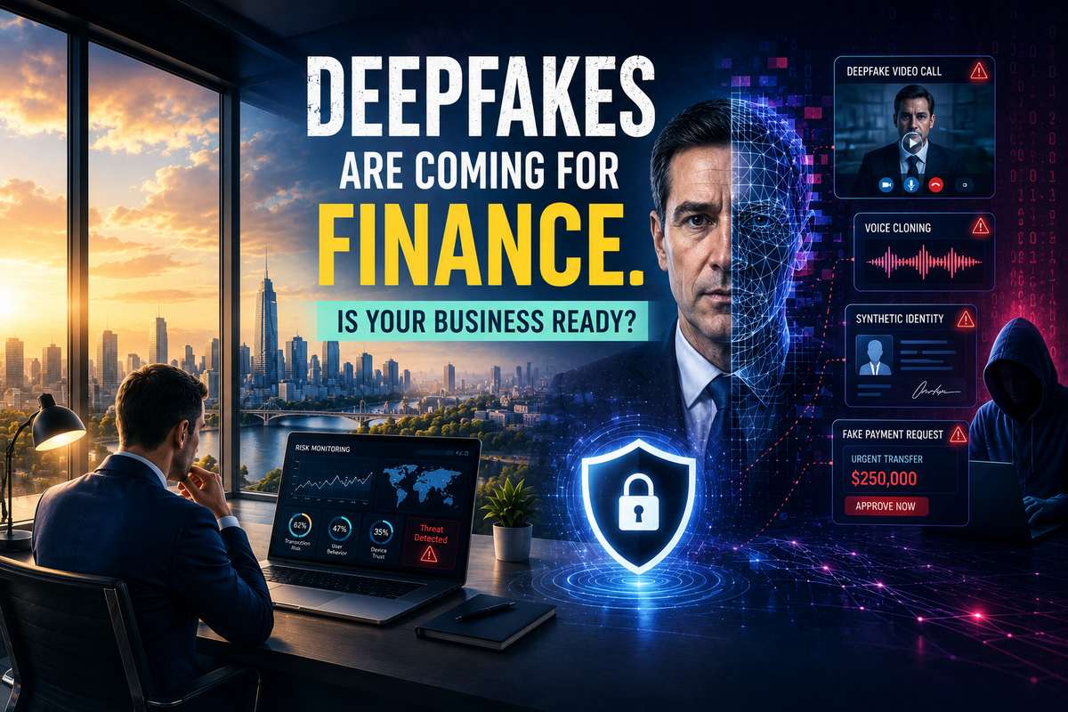 Illustration of AI-generated deepfake fraud targeting the finance industry with cybersecurity and digital identity visuals.