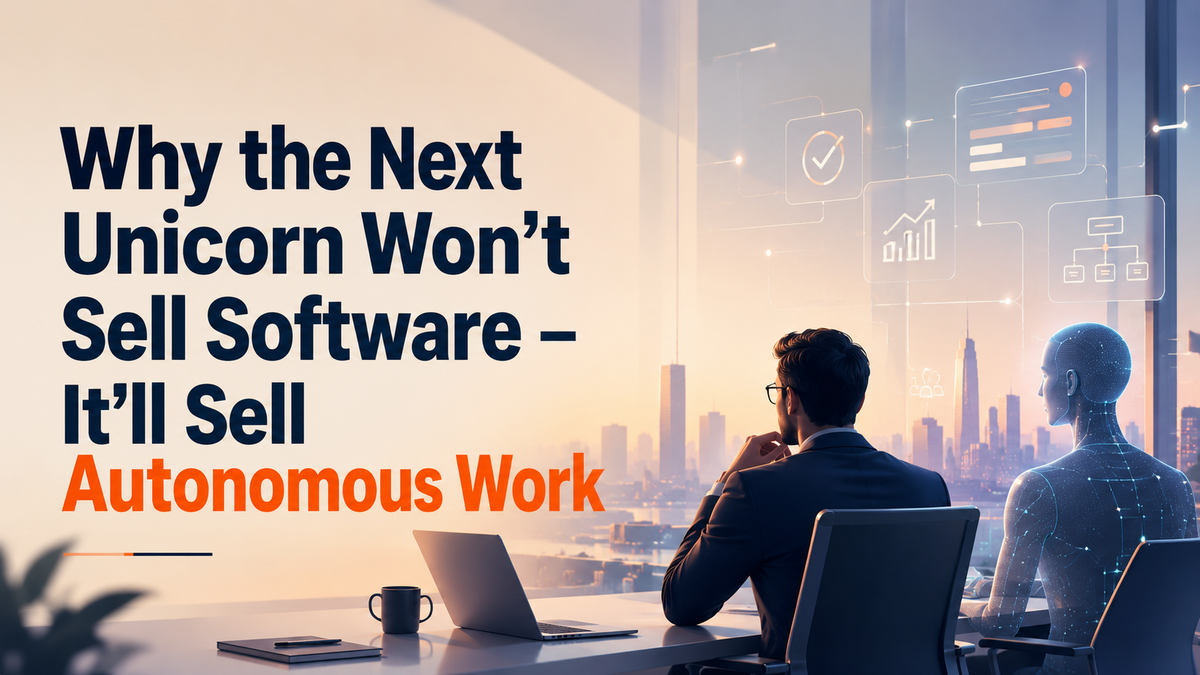 Illustration of a business leader collaborating with AI to represent autonomous work and the future of enterprise software.
