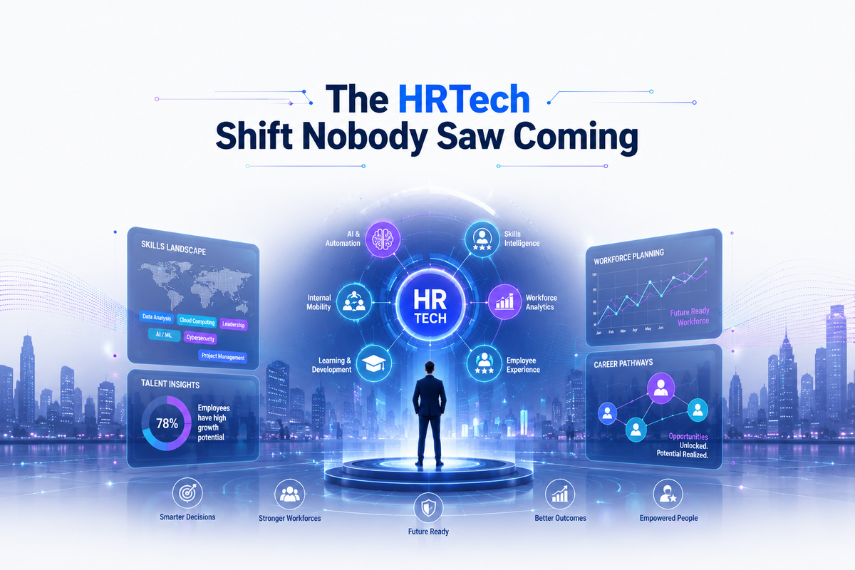 Futuristic HRTech illustration featuring a business leader standing before a digital HR technology dashboard with AI-powered workforce analytics, skills intelligence, employee experience, workforce planning, learning and development, and career pathway visualizations. The headline reads "The HRTech Shift Nobody Saw Coming" against a modern smart city background, symbolizing AI-driven human resources transformation and the future of work.