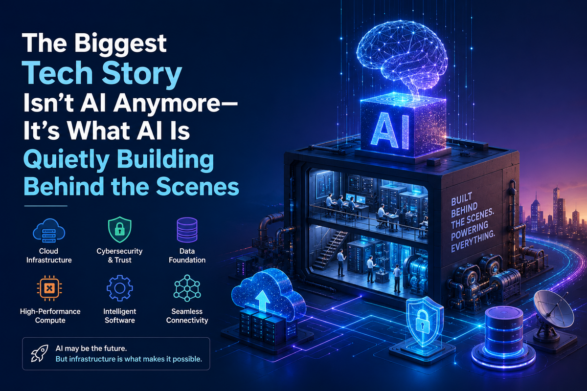 Futuristic illustration of AI-powered enterprise infrastructure featuring a digital AI core, cloud computing, cybersecurity, data centers, networking, and intelligent software systems, representing the technology ecosystem being built behind modern artificial intelligence.