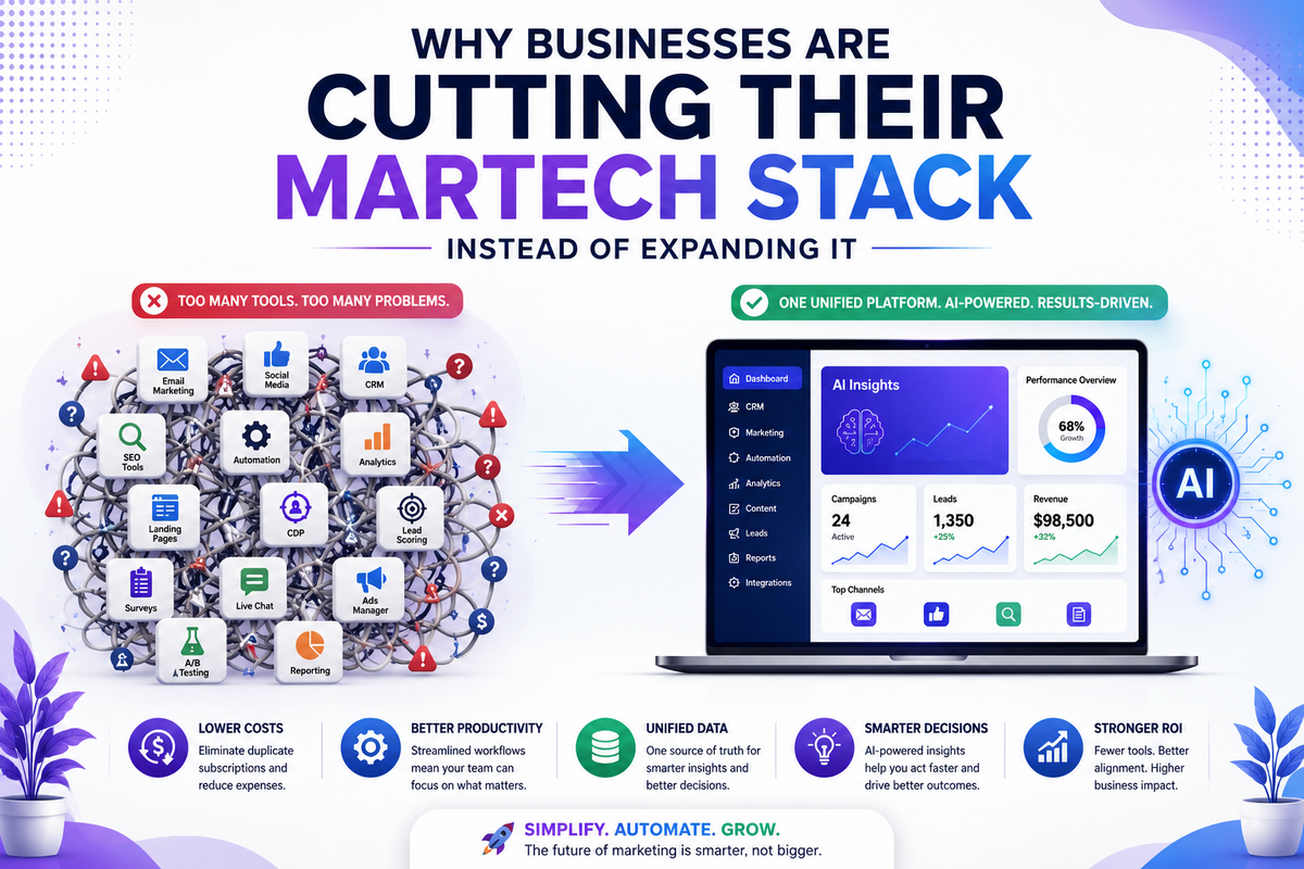 Illustration showing businesses consolidating their MarTech stack by replacing multiple disconnected marketing tools with a unified AI-powered platform to improve productivity, reduce costs, and simplify marketing operations.