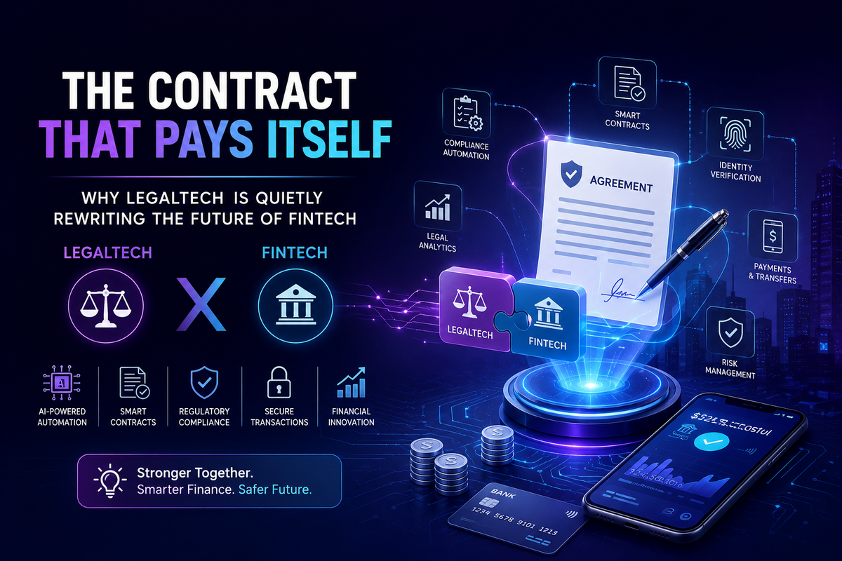 Futuristic illustration of LegalTech and FinTech convergence featuring AI-powered smart contracts, compliance automation, digital agreements, secure financial transactions, and intelligent legal technology driving the future of finance.