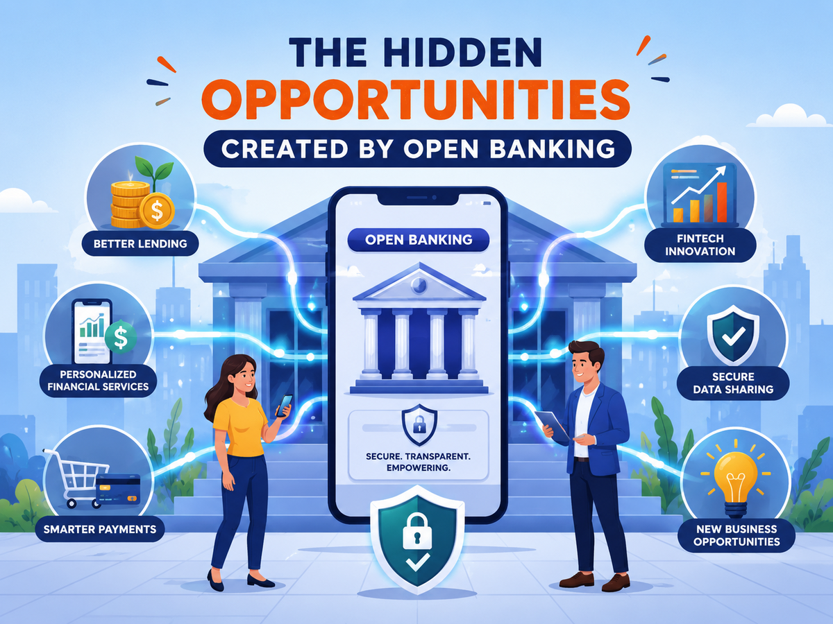 Cartoon-style illustration of open banking showing secure financial data sharing, fintech innovation, digital payments, personalized financial services, and new business opportunities connected through a modern banking ecosystem.