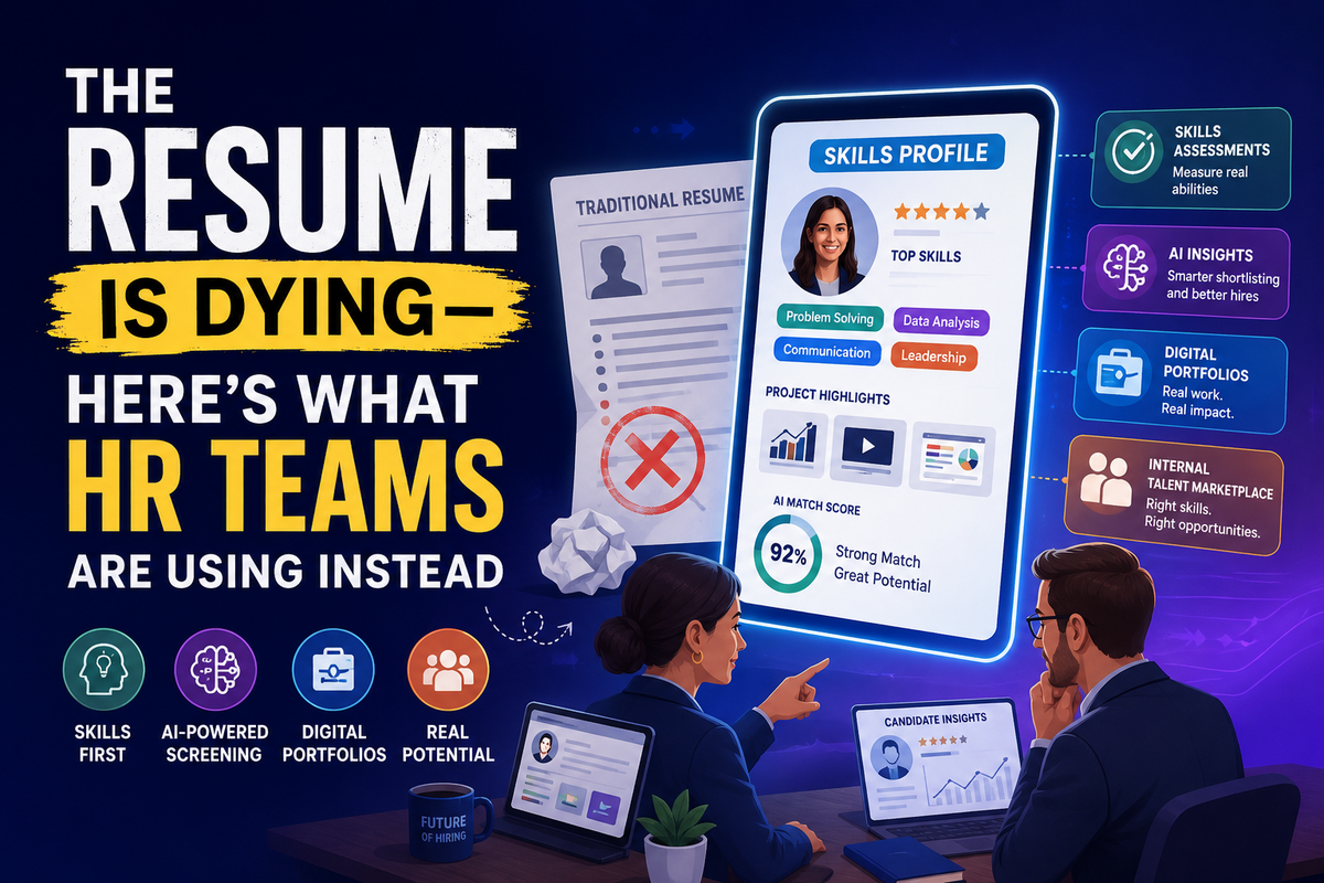 Illustration showing the future of hiring with AI-powered recruitment, skills-based hiring, digital portfolios, candidate assessments, and modern HR technology replacing traditional resumes.