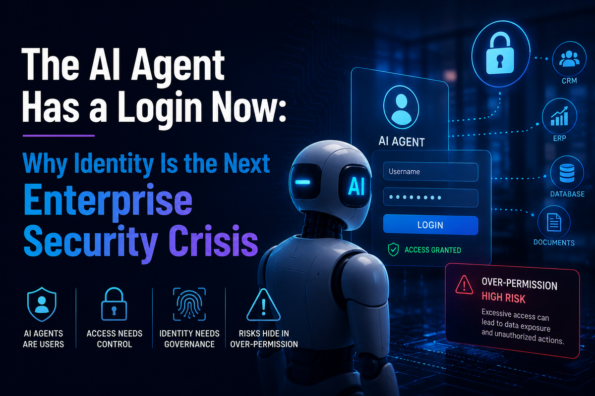 AI agent accessing enterprise systems through a login interface, highlighting identity security, access control, and over-permission risks.