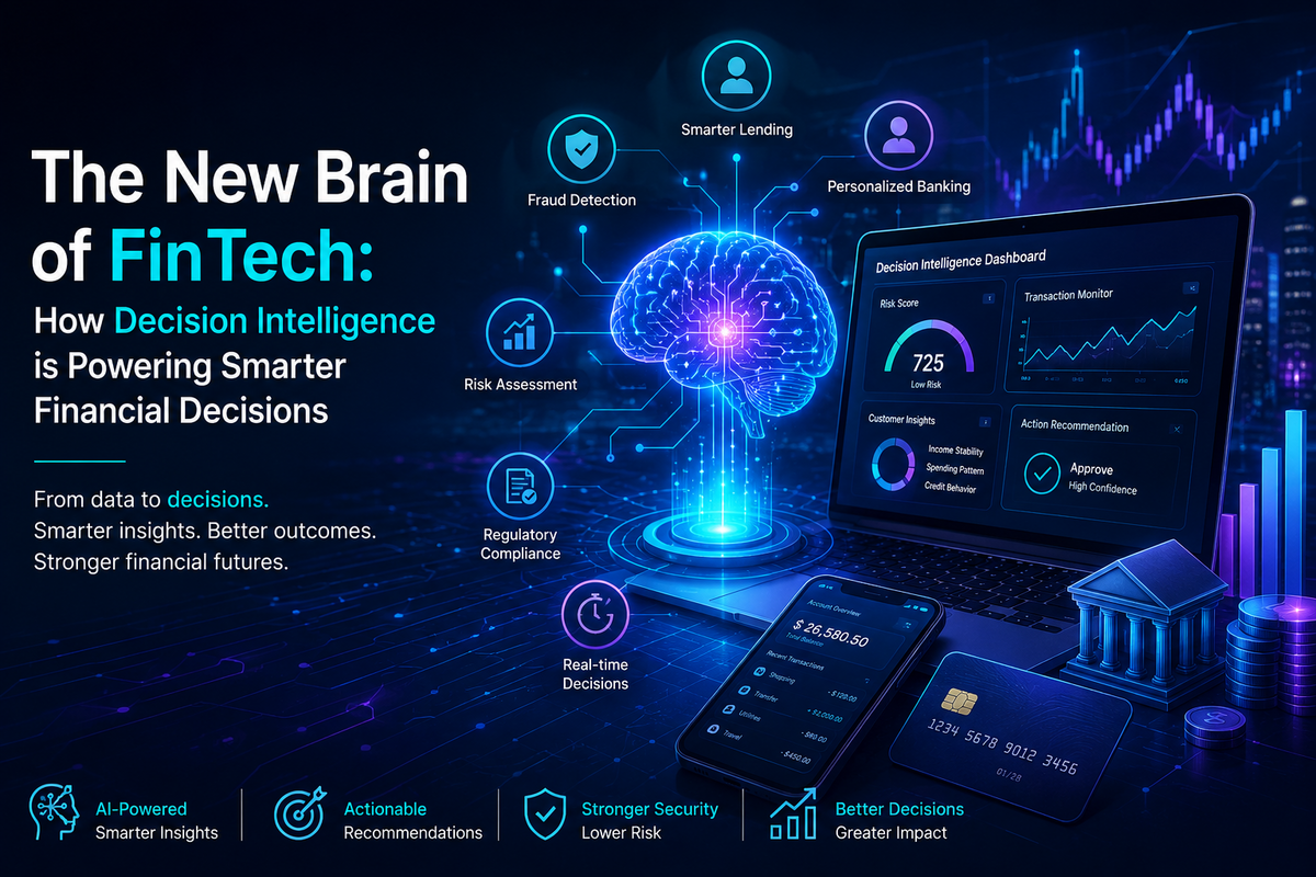 Decision Intelligence in FinTech illustration featuring an AI-powered digital brain connected to banking, fraud detection, risk assessment, regulatory compliance, and financial analytics dashboards, symbolizing intelligent decision-making in modern financial services.