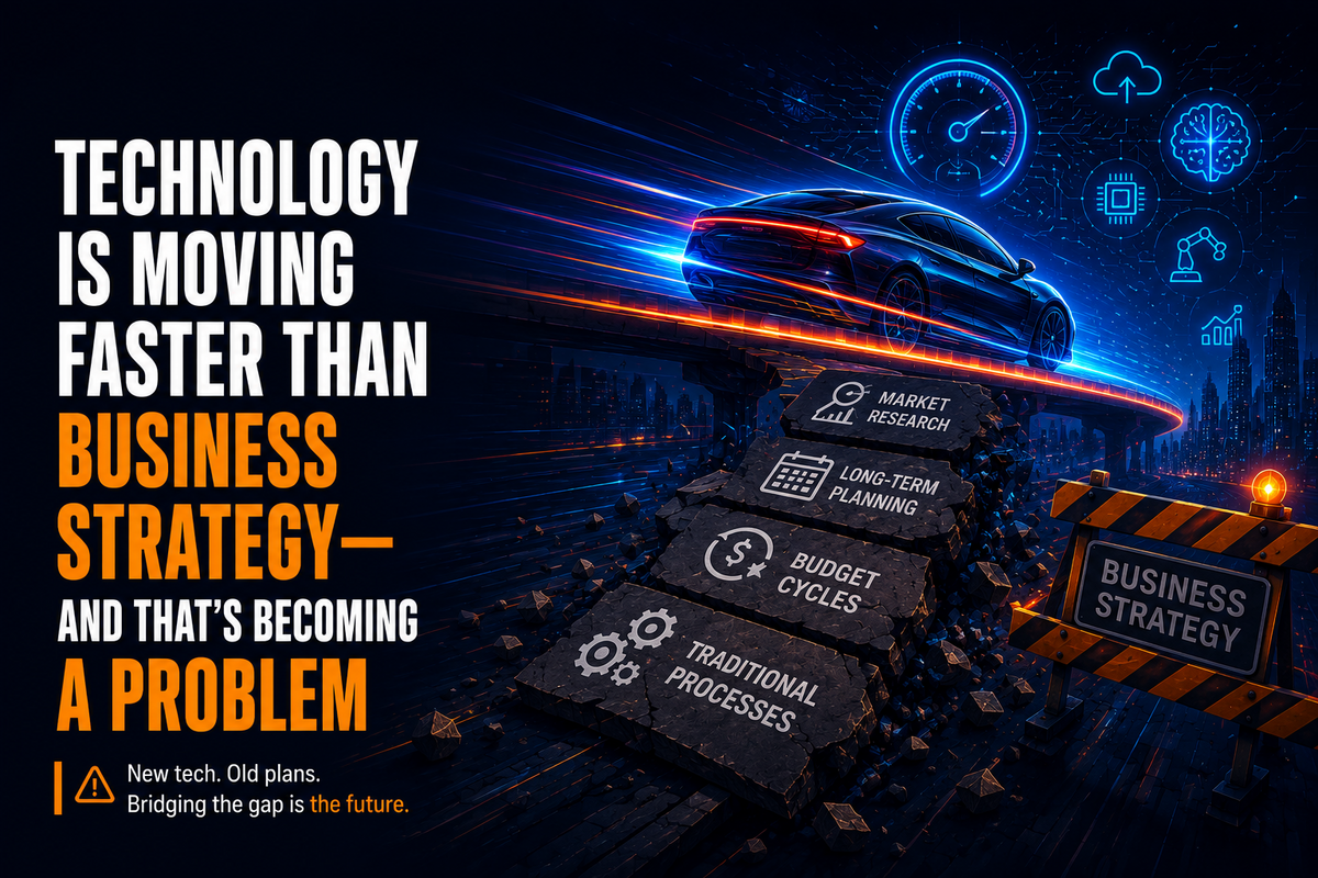 A futuristic blog banner illustrating the growing gap between rapid technological innovation and slow-moving business strategy. A sleek, high-speed vehicle races across a glowing digital bridge while broken stone slabs labeled with traditional business practices crumble beneath it. On the left, the headline "Technology Is Moving Faster Than Business Strategy—And That's Becoming a Problem" appears in bold white and orange typography against a dark blue cyber-themed background, with glowing AI and technology icons in the skyline.