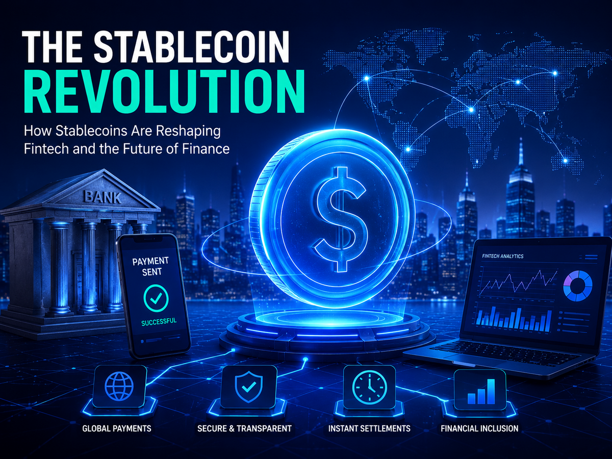 The Stablecoin Revolution infographic showing blockchain payments, digital banking, global finance, and the future of fintech infrastructure.