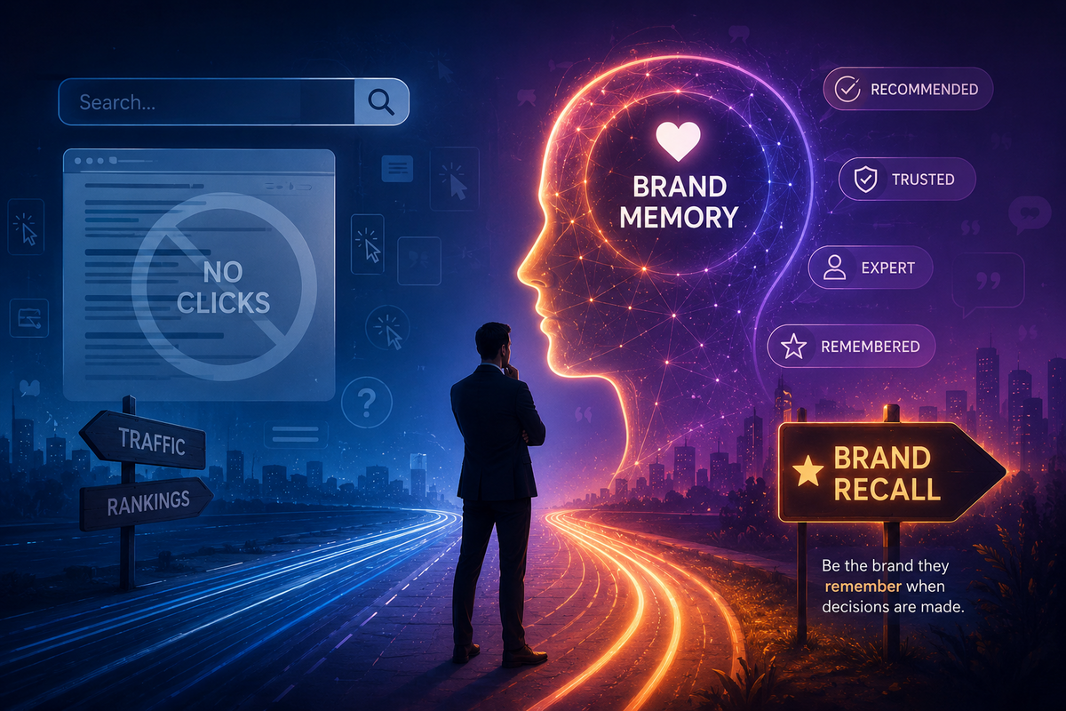 Website brand recall concept with AI-powered search and digital marketing visualization