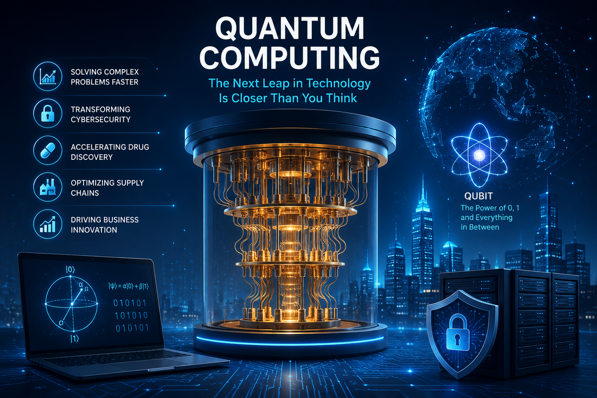 Futuristic illustration of quantum computing featuring a glowing quantum processor, digital network connections, cybersecurity shield, data servers, and advanced technology elements representing the future of enterprise computing.
