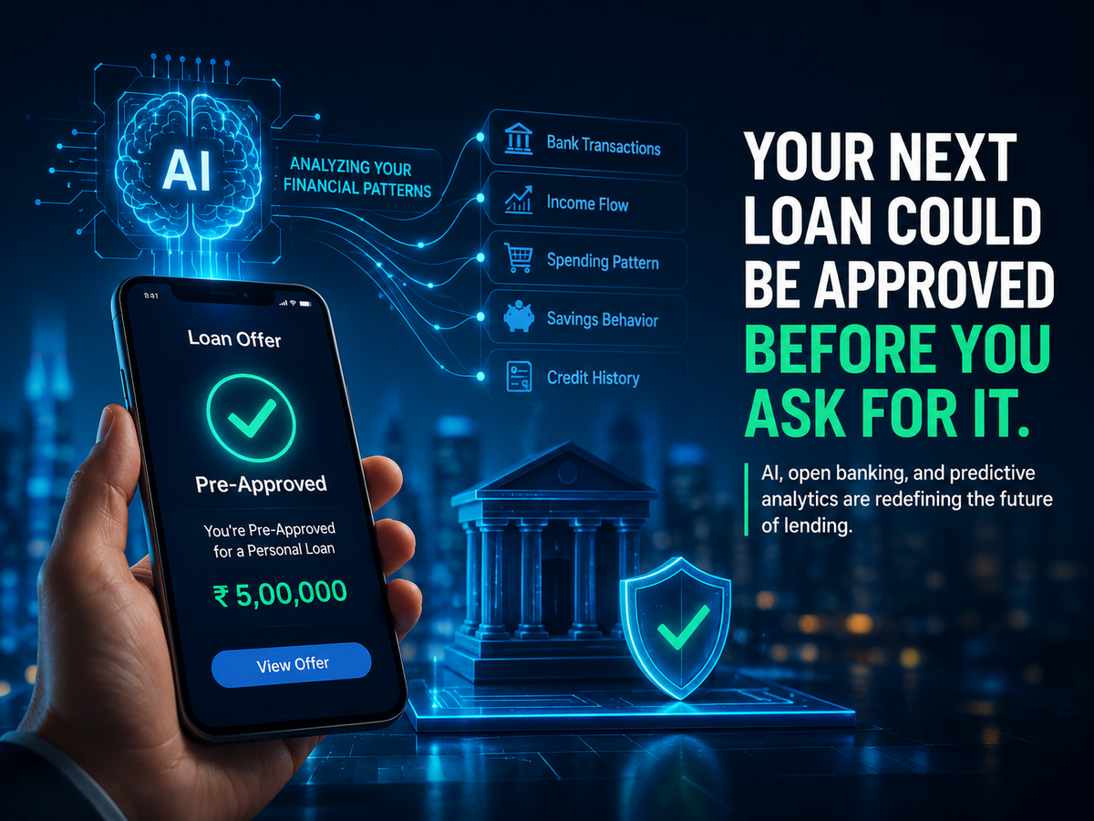 AI-powered predictive lending interface displaying a pre-approved loan offer on a smartphone with digital banking, open banking, and financial analytics visualizations in the background.