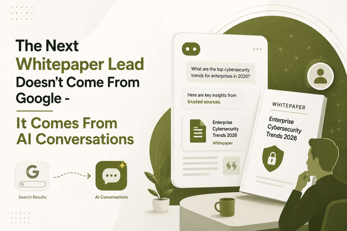 B2B whitepaper lead generation concept showing a shift from Google search results to AI conversations.