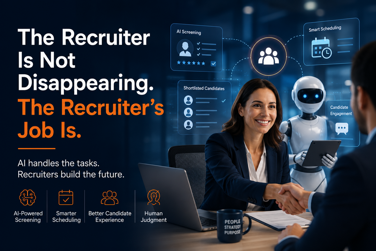 AI-powered recruitment technology showing a human recruiter working alongside an AI assistant, with digital panels for candidate screening, scheduling, and employee engagement.