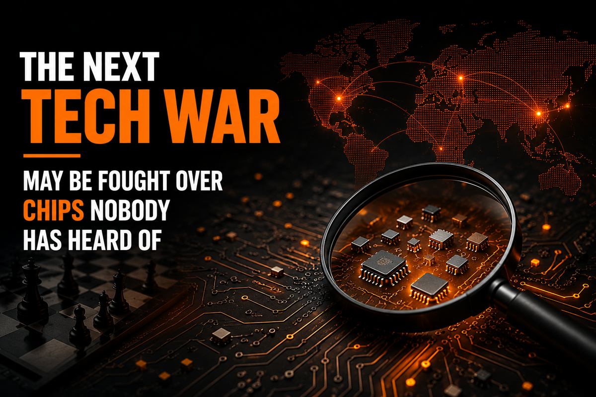 Dramatic tech graphic showing a magnifying glass highlighting tiny semiconductor chips on a glowing circuit board, with a connected world map in the background and the headline “The Next Tech War May Be Fought Over Chips Nobody Has Heard Of.”